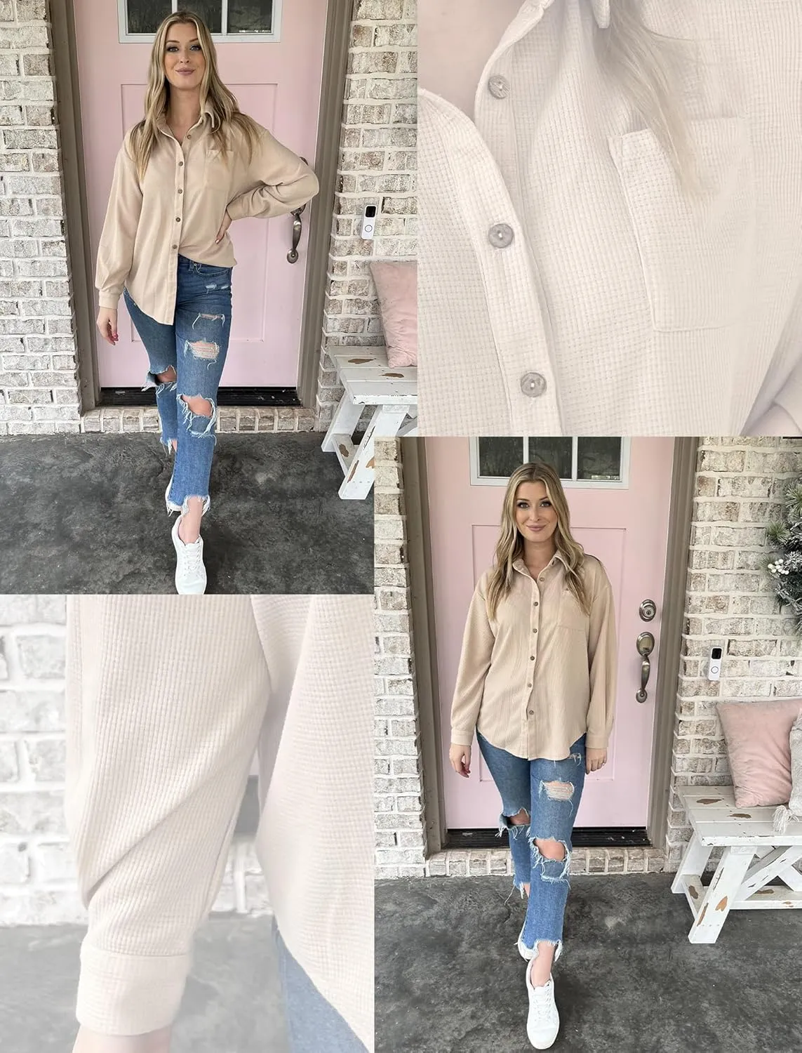 HOTOUCH Waffle Knit Button Down Shirts for Women Dressy Casual Work Tops Long Sleeve Loose Fit Shacket with Pocket