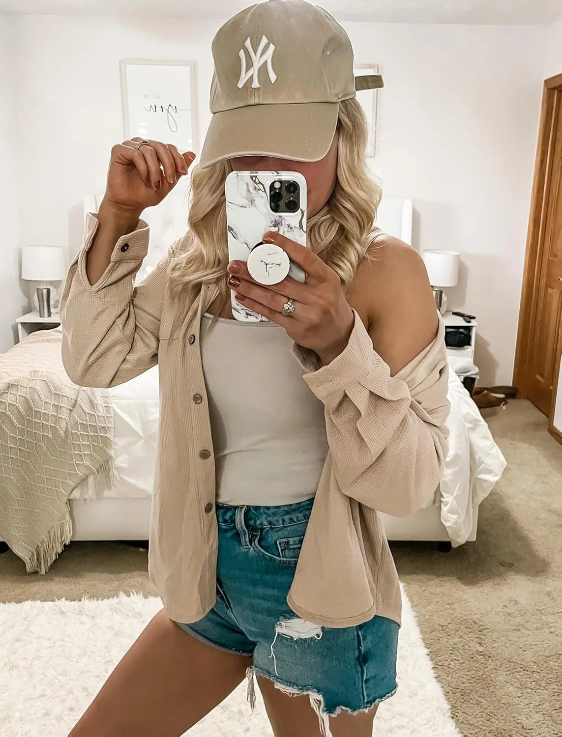 HOTOUCH Waffle Knit Button Down Shirts for Women Dressy Casual Work Tops Long Sleeve Loose Fit Shacket with Pocket