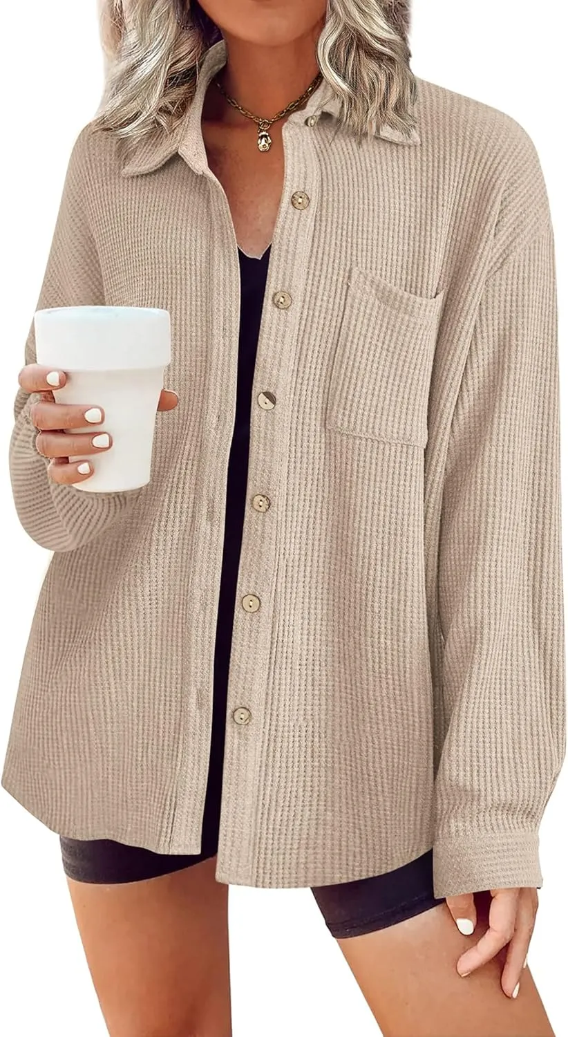 HOTOUCH Waffle Knit Button Down Shirts for Women Dressy Casual Work Tops Long Sleeve Loose Fit Shacket with Pocket