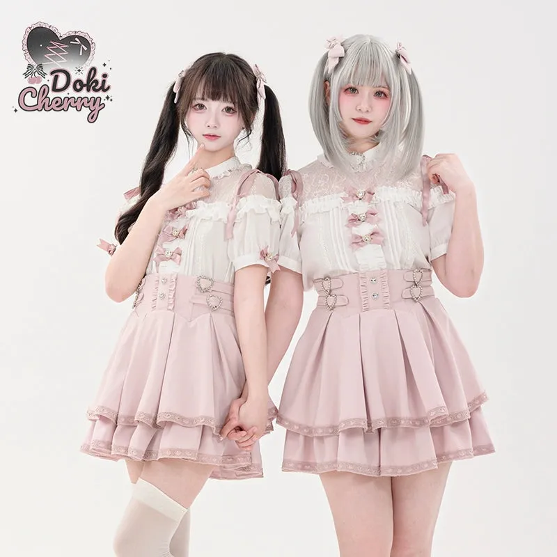 Jirai Kei Blouse Heart Button Shirt Black Double Layer Skirt