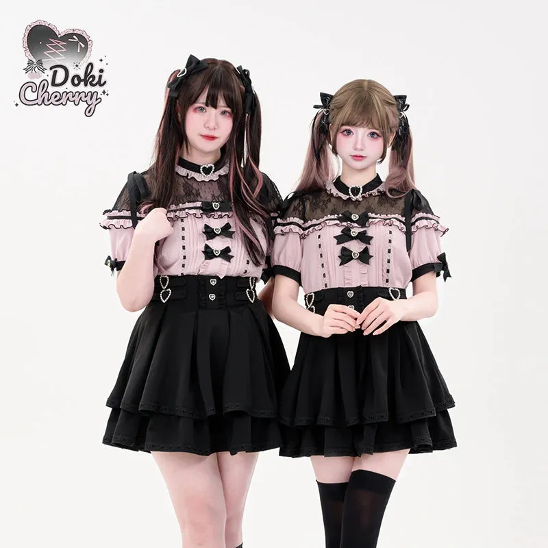 Jirai Kei Blouse Heart Button Shirt Black Double Layer Skirt