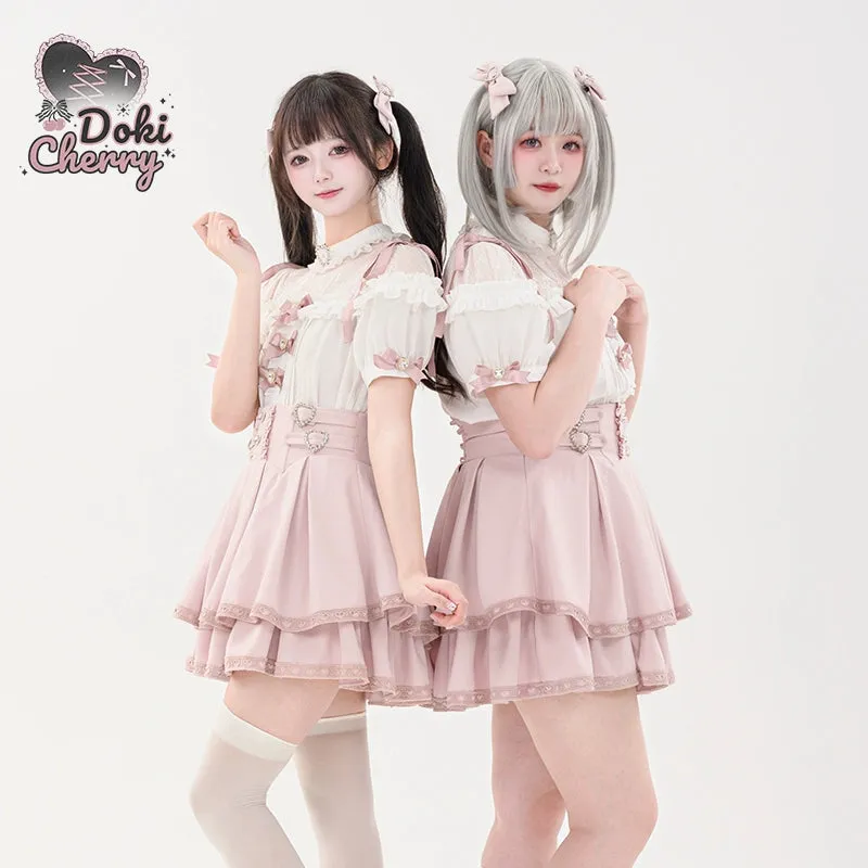Jirai Kei Blouse Heart Button Shirt Black Double Layer Skirt