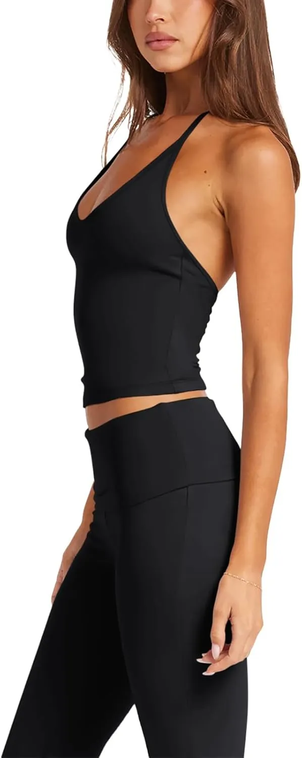 LASLULU Womens Sleeveless Halter Neck Workout Tops Adjustable Tie Camisole Backless Casual Basic Cami Gym Yoga Tank Tops