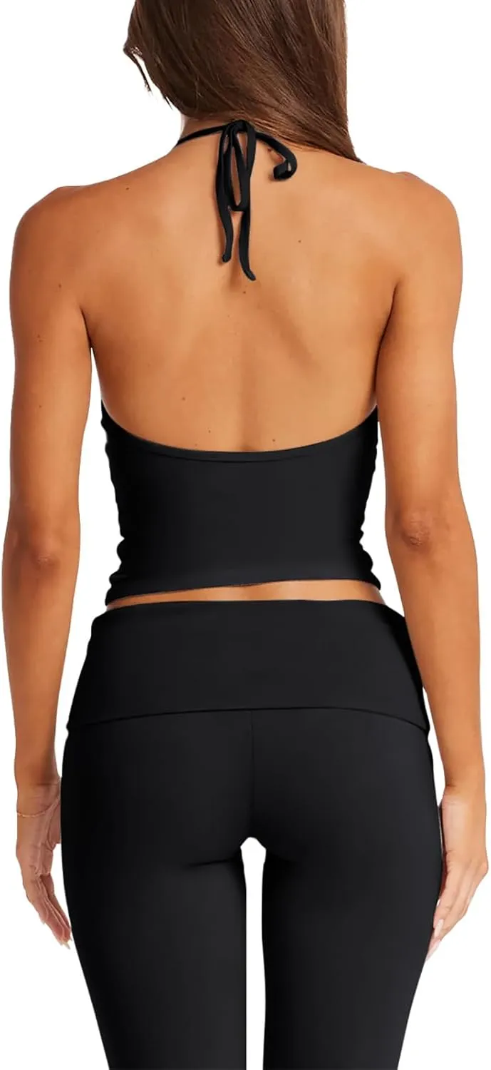 LASLULU Womens Sleeveless Halter Neck Workout Tops Adjustable Tie Camisole Backless Casual Basic Cami Gym Yoga Tank Tops