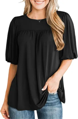 LEIYEE Womens Summer Tunic Tops Puff Short Sleeve Casual Cute Round Neck Loose Fit Flowy Swing Pleated T Shirts Blouse
