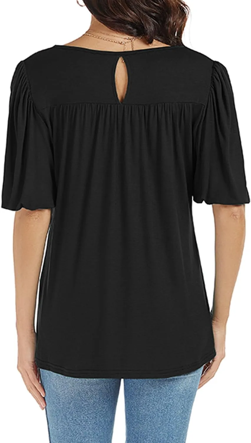 LEIYEE Womens Summer Tunic Tops Puff Short Sleeve Casual Cute Round Neck Loose Fit Flowy Swing Pleated T Shirts Blouse
