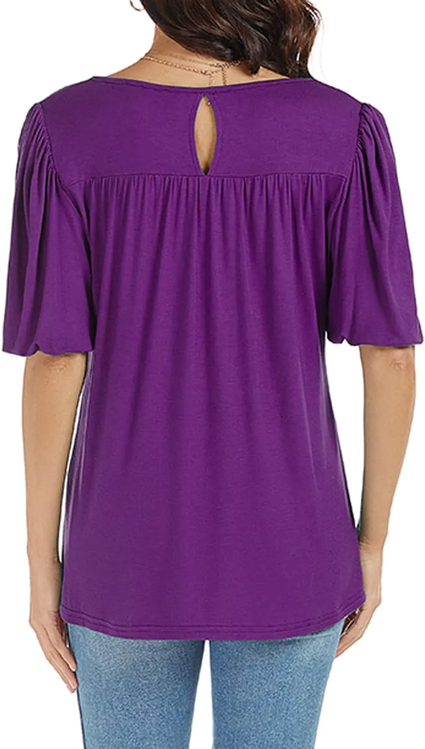 LEIYEE Womens Summer Tunic Tops Puff Short Sleeve Casual Cute Round Neck Loose Fit Flowy Swing Pleated T Shirts Blouse