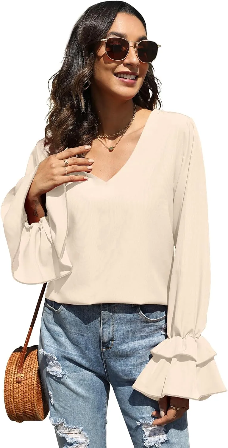 LYANER Women's Casual V Neck Tiered Ruffle Bell Long Sleeve Blouse Shirt Tunic Top