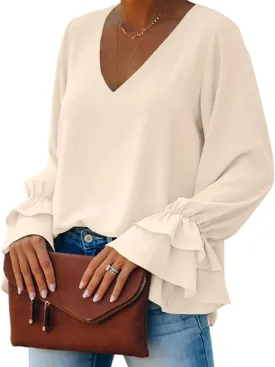 LYANER Women's Casual V Neck Tiered Ruffle Bell Long Sleeve Blouse Shirt Tunic Top