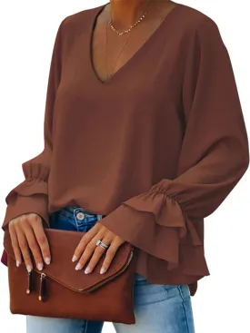 LYANER Women's Casual V Neck Tiered Ruffle Bell Long Sleeve Blouse Shirt Tunic Top