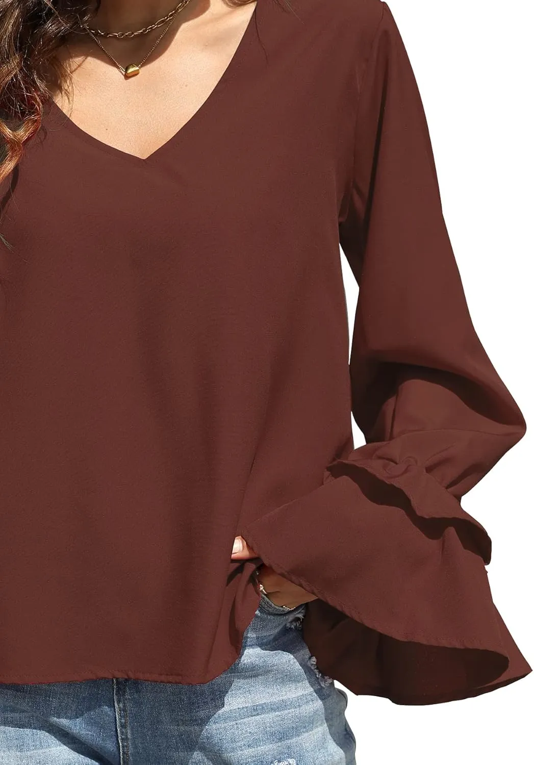 LYANER Women's Casual V Neck Tiered Ruffle Bell Long Sleeve Blouse Shirt Tunic Top