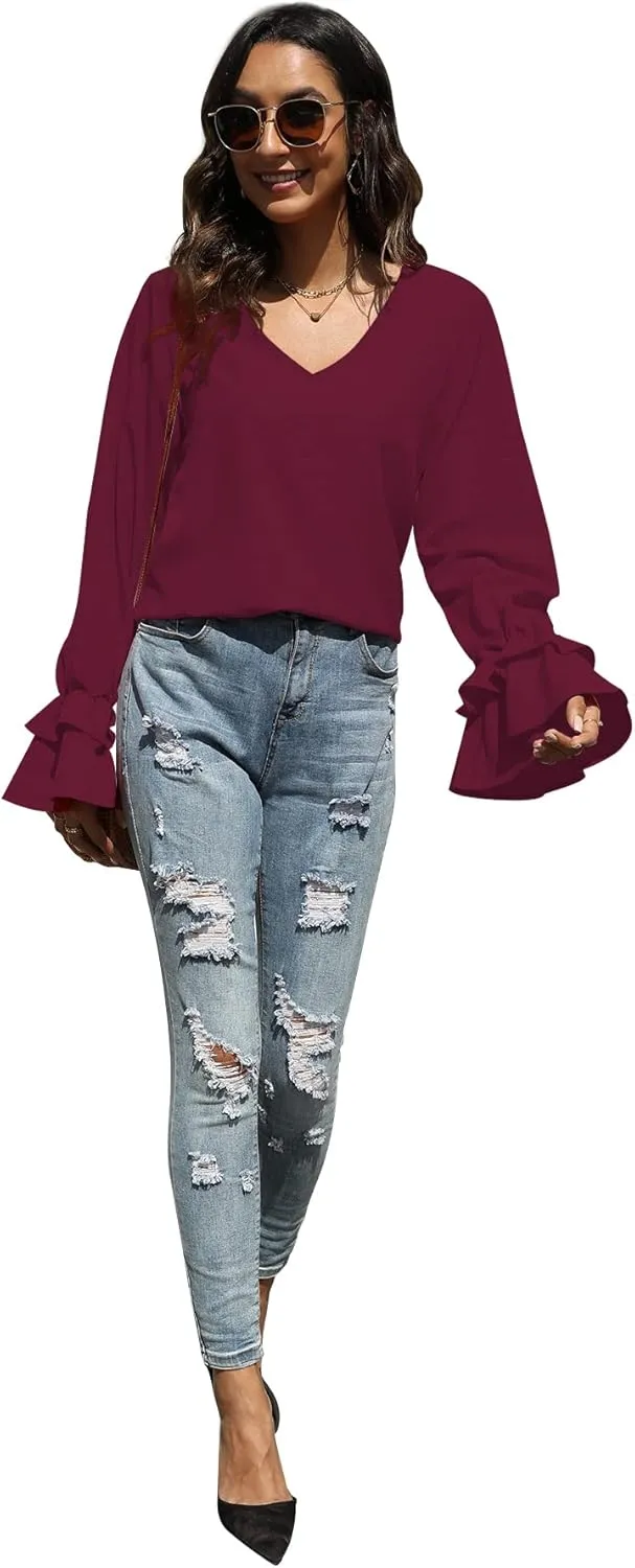 LYANER Women's Casual V Neck Tiered Ruffle Bell Long Sleeve Blouse Shirt Tunic Top