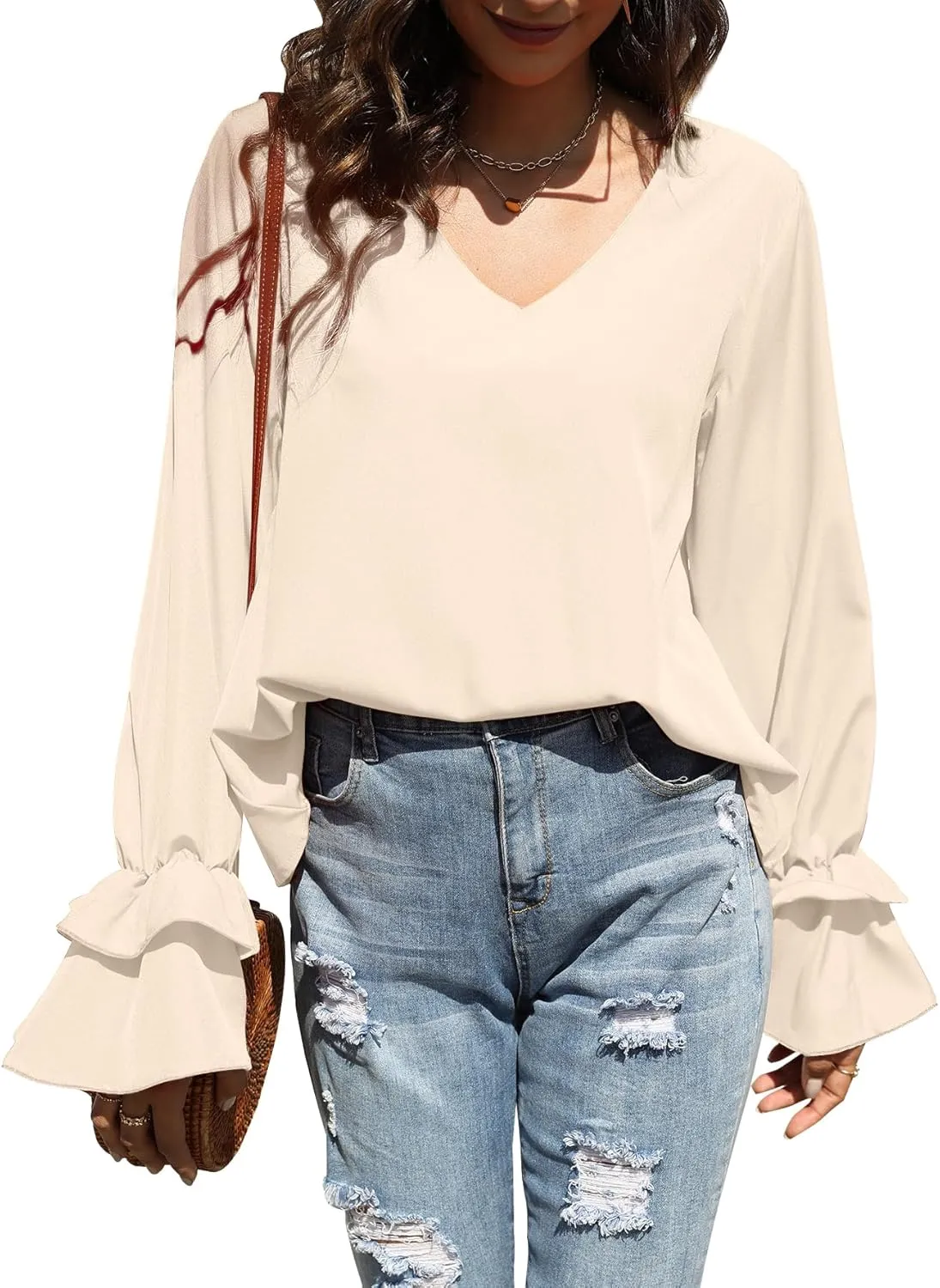 LYANER Women's Casual V Neck Tiered Ruffle Bell Long Sleeve Blouse Shirt Tunic Top