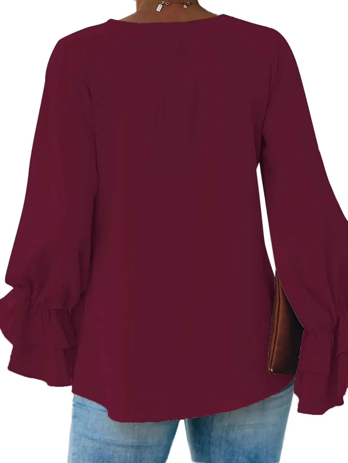 LYANER Women's Casual V Neck Tiered Ruffle Bell Long Sleeve Blouse Shirt Tunic Top