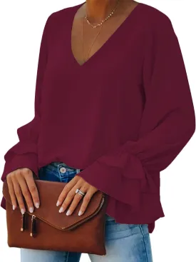 LYANER Women's Casual V Neck Tiered Ruffle Bell Long Sleeve Blouse Shirt Tunic Top