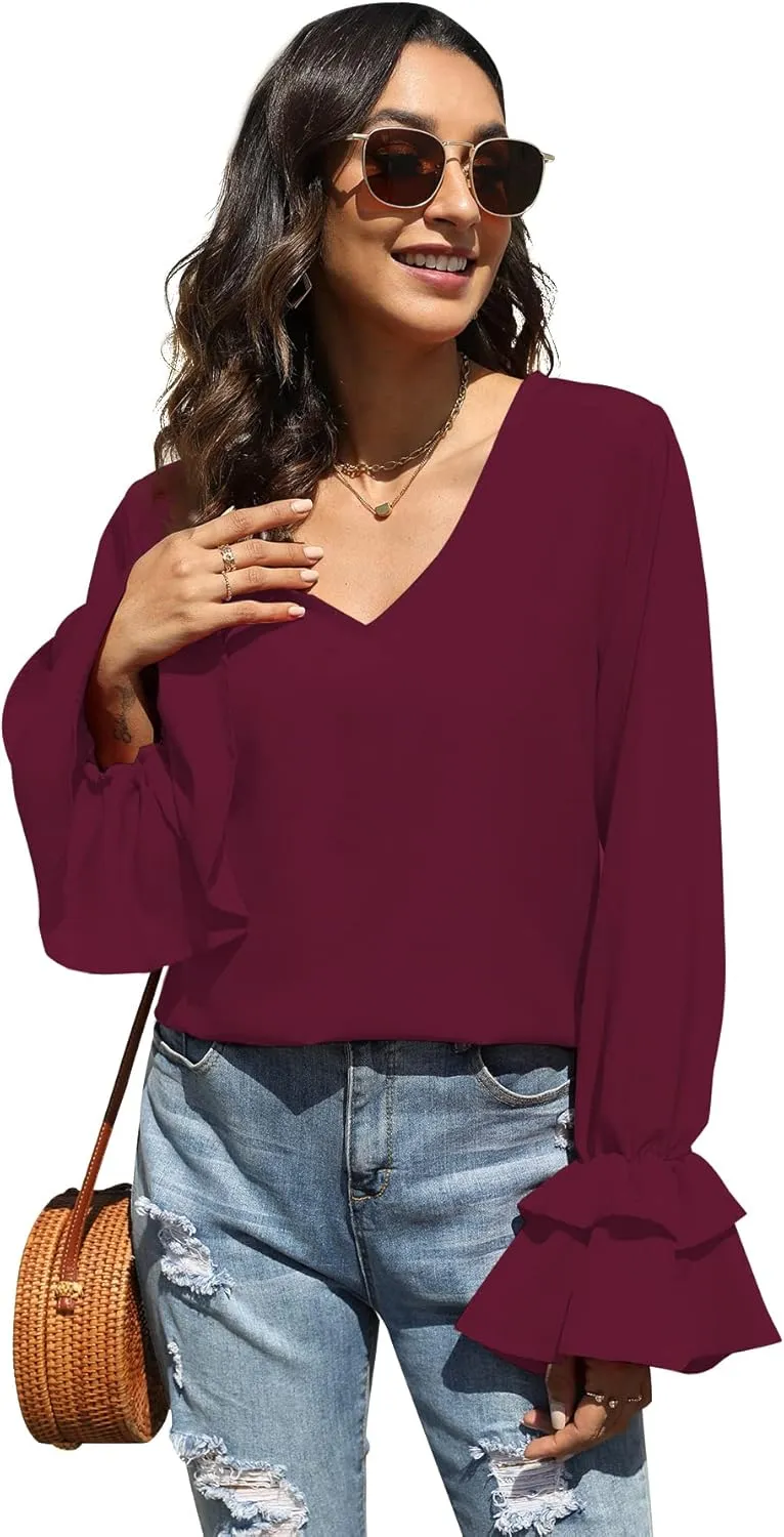 LYANER Women's Casual V Neck Tiered Ruffle Bell Long Sleeve Blouse Shirt Tunic Top