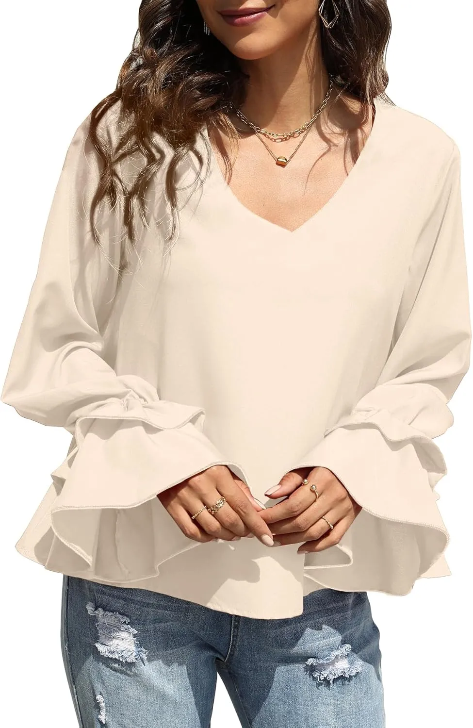 LYANER Women's Casual V Neck Tiered Ruffle Bell Long Sleeve Blouse Shirt Tunic Top