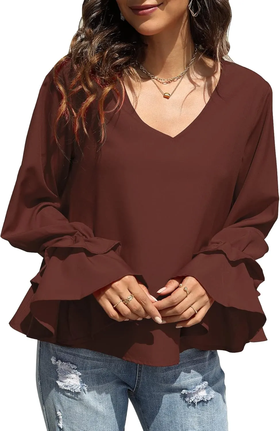 LYANER Women's Casual V Neck Tiered Ruffle Bell Long Sleeve Blouse Shirt Tunic Top
