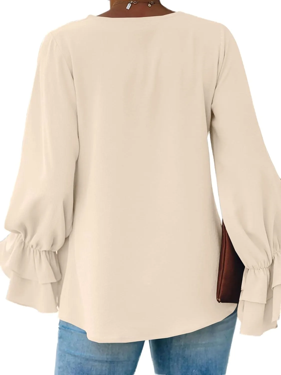 LYANER Women's Casual V Neck Tiered Ruffle Bell Long Sleeve Blouse Shirt Tunic Top