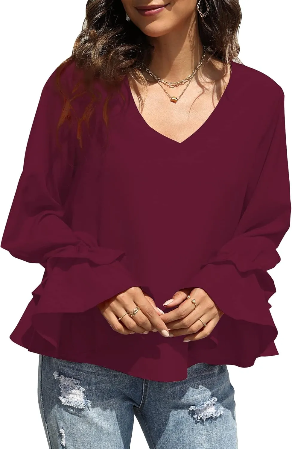 LYANER Women's Casual V Neck Tiered Ruffle Bell Long Sleeve Blouse Shirt Tunic Top