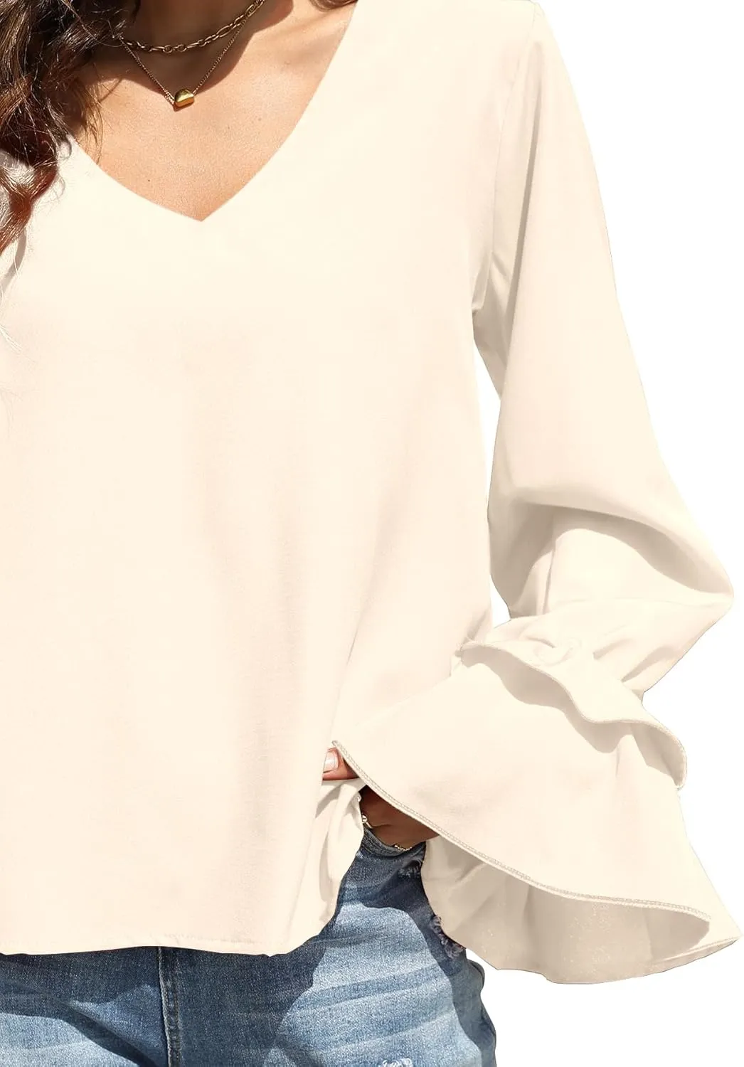 LYANER Women's Casual V Neck Tiered Ruffle Bell Long Sleeve Blouse Shirt Tunic Top
