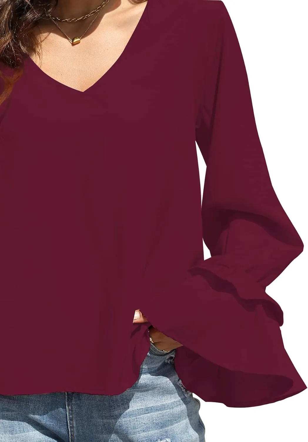 LYANER Women's Casual V Neck Tiered Ruffle Bell Long Sleeve Blouse Shirt Tunic Top