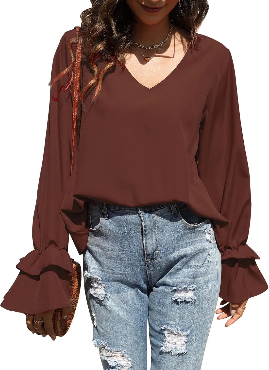 LYANER Women's Casual V Neck Tiered Ruffle Bell Long Sleeve Blouse Shirt Tunic Top