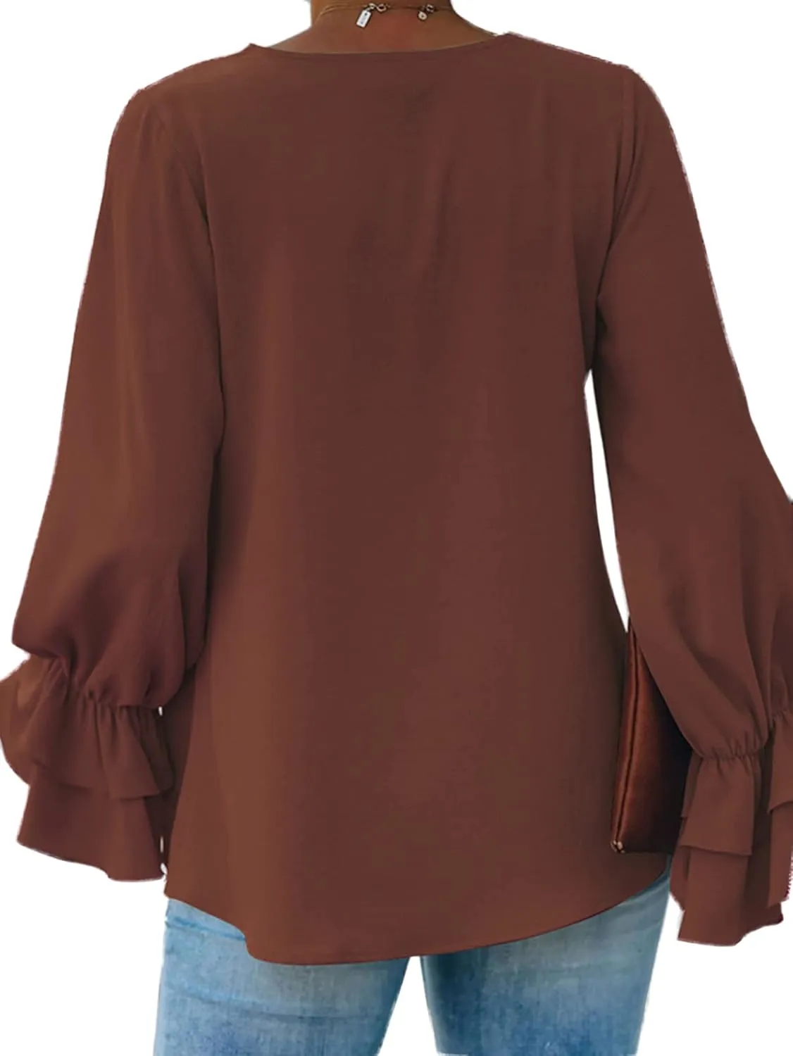 LYANER Women's Casual V Neck Tiered Ruffle Bell Long Sleeve Blouse Shirt Tunic Top