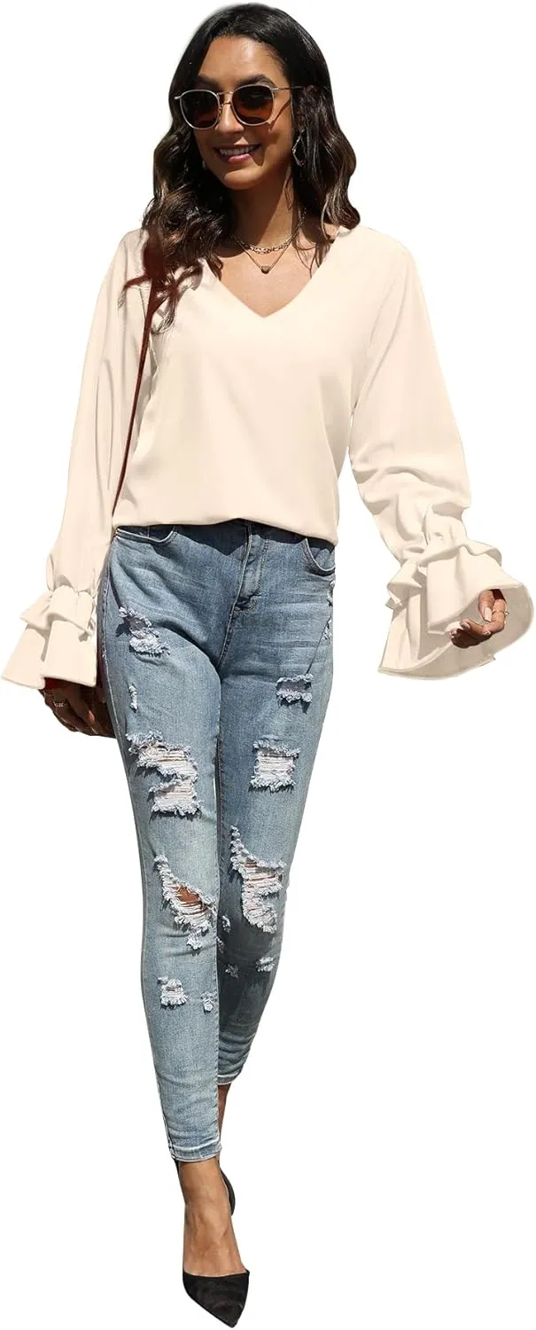LYANER Women's Casual V Neck Tiered Ruffle Bell Long Sleeve Blouse Shirt Tunic Top