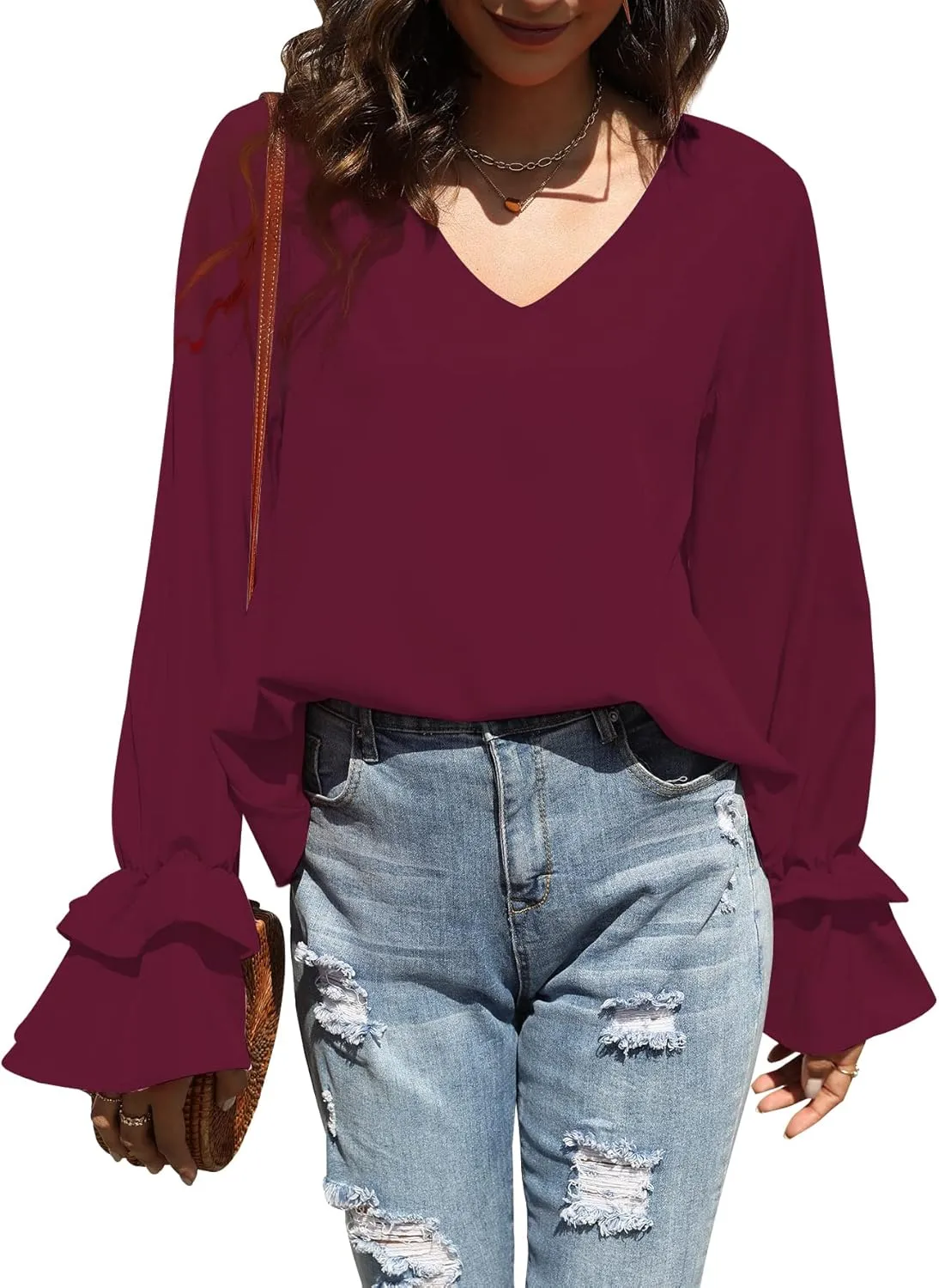LYANER Women's Casual V Neck Tiered Ruffle Bell Long Sleeve Blouse Shirt Tunic Top