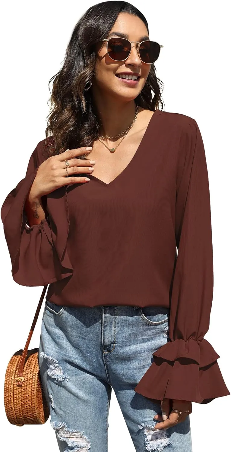 LYANER Women's Casual V Neck Tiered Ruffle Bell Long Sleeve Blouse Shirt Tunic Top