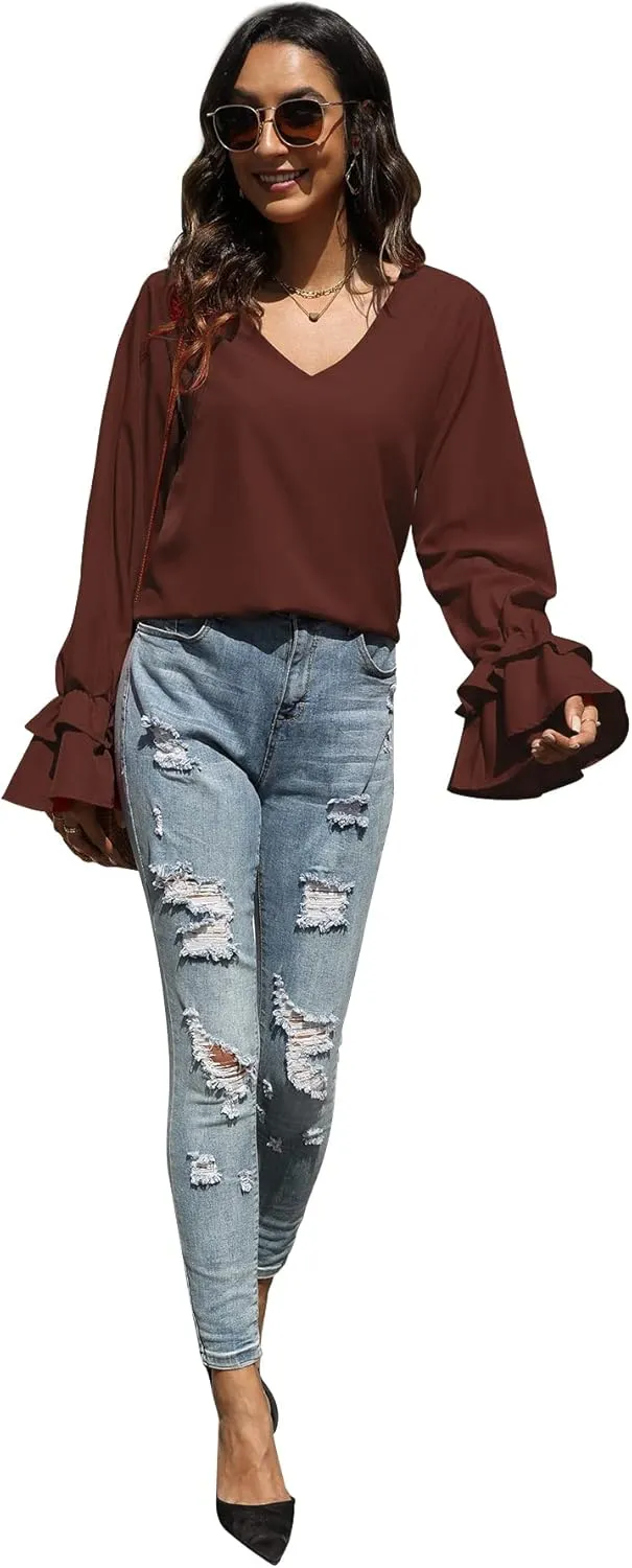 LYANER Women's Casual V Neck Tiered Ruffle Bell Long Sleeve Blouse Shirt Tunic Top