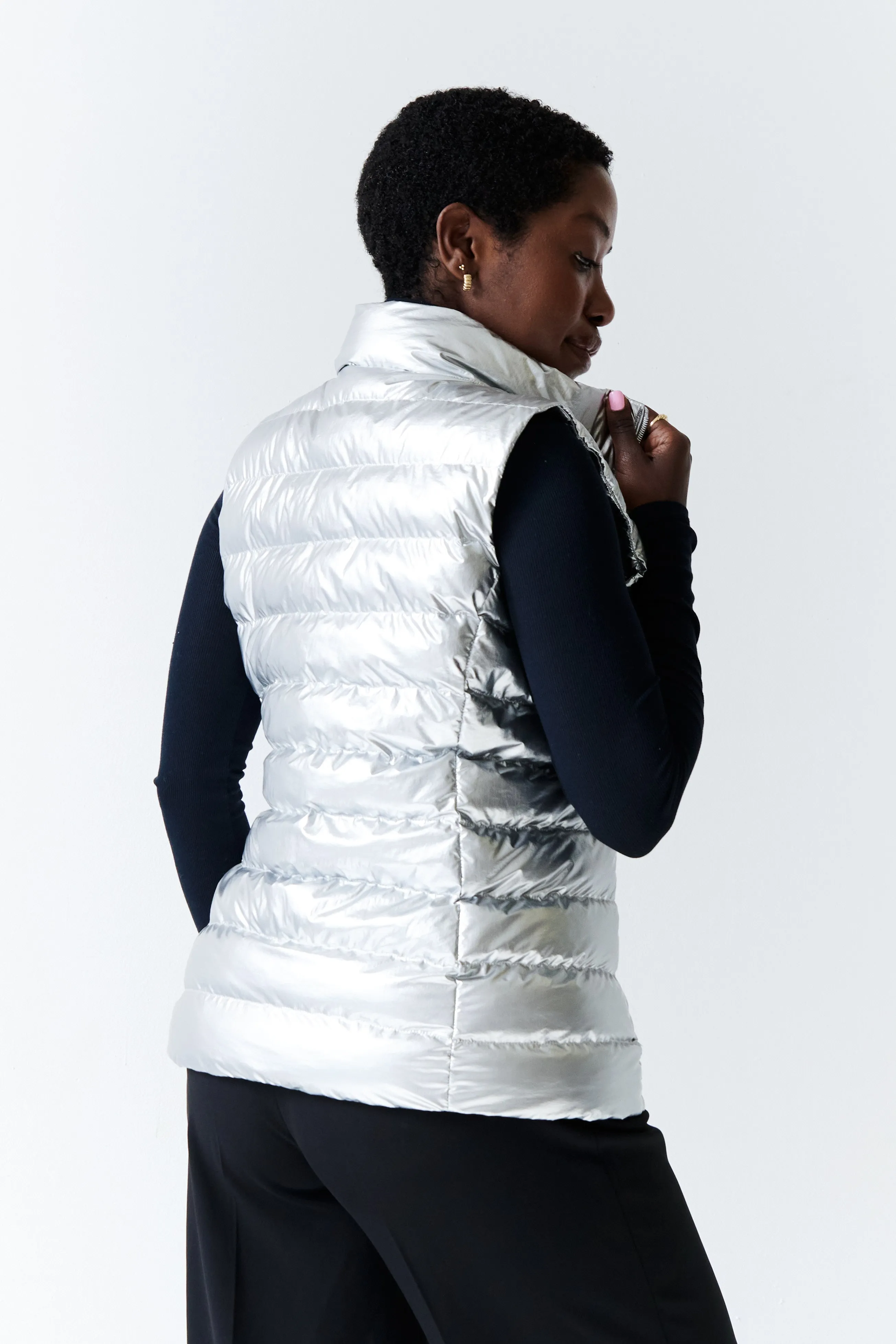 Melian Short Vegan Down Vest | Metallic Silver