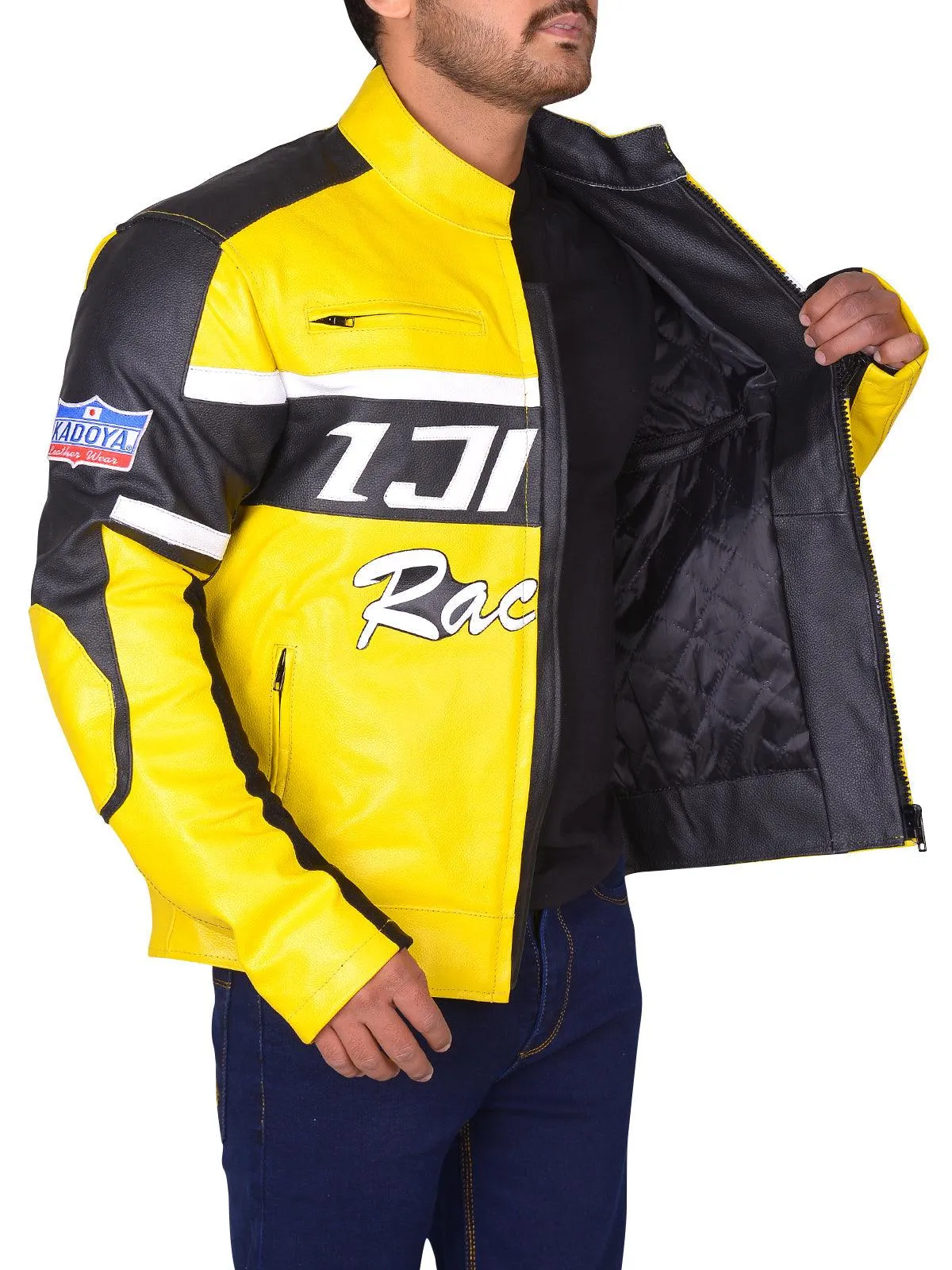 Men's Black & Yellow Biker Leather Jacket