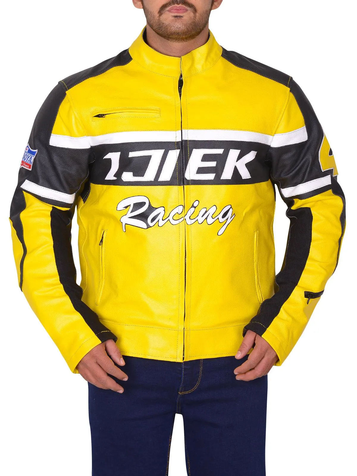 Men's Black & Yellow Biker Leather Jacket