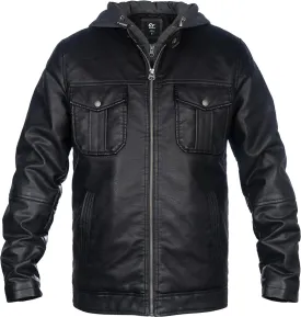Mens Faux Leather Jacket, Padded Windbreaker, Motorcycle Biker Bomber Coat with Hood