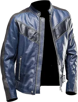 Men's Leather Jacket Cafe Racer Biker Style Retro Stripes Jacket, Motorcycle Racing Leather Jacket Men