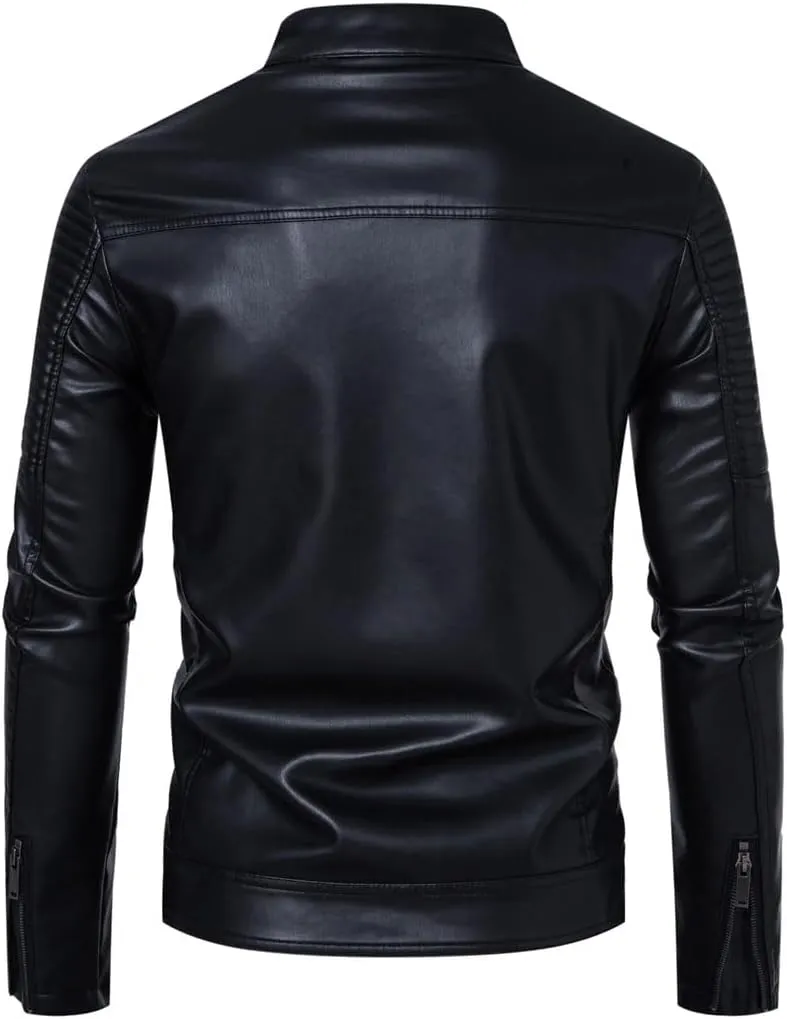 Men's Vintage PU Leather Biker Jacket Stand Motorcycle Coat Zipper Trim Faux Leather Cycling Jacket
