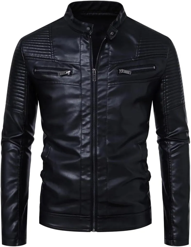 Men's Vintage PU Leather Biker Jacket Stand Motorcycle Coat Zipper Trim Faux Leather Cycling Jacket