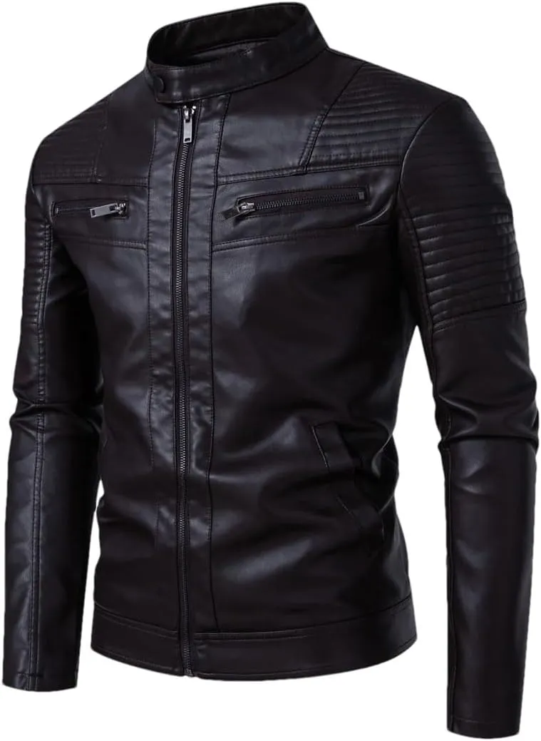 Men's Vintage PU Leather Biker Jacket Stand Motorcycle Coat Zipper Trim Faux Leather Cycling Jacket