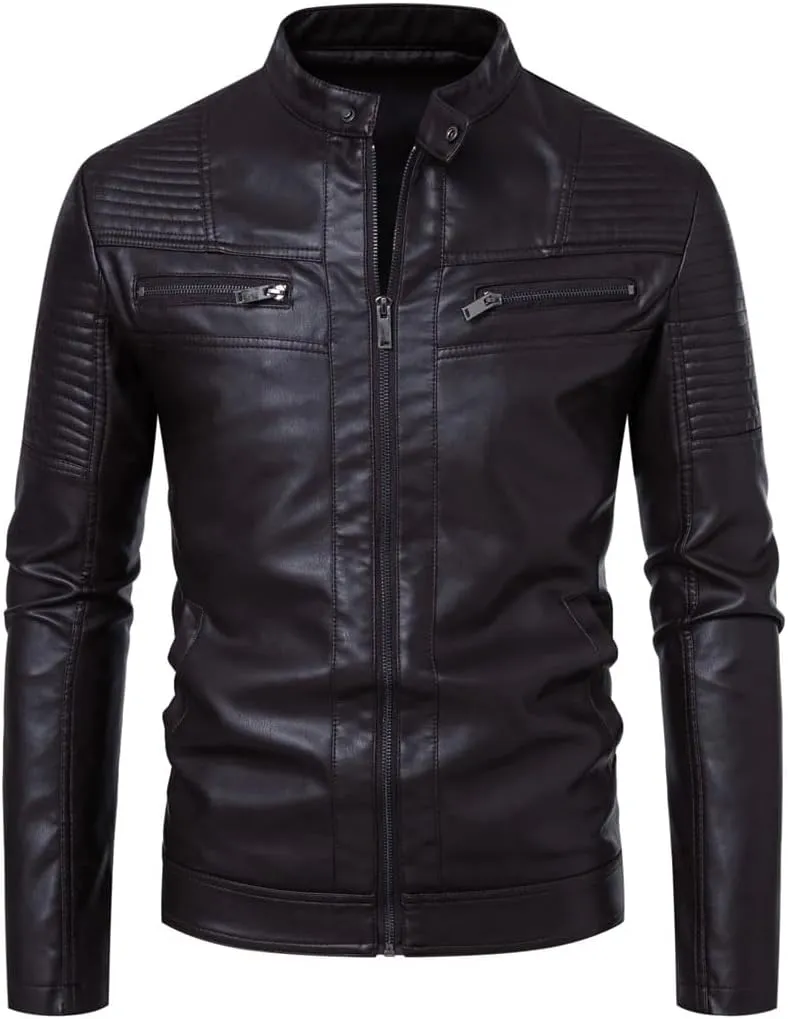 Men's Vintage PU Leather Biker Jacket Stand Motorcycle Coat Zipper Trim Faux Leather Cycling Jacket