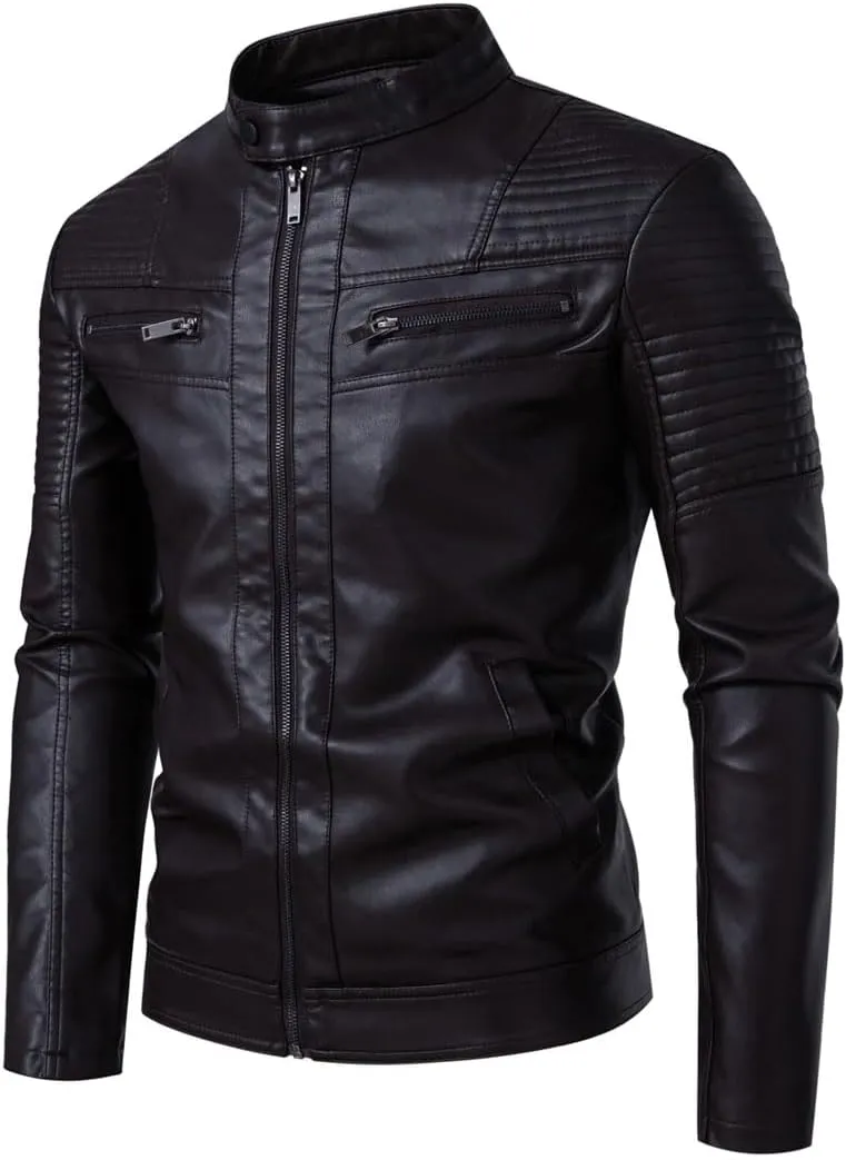 Men's Vintage PU Leather Biker Jacket Stand Motorcycle Coat Zipper Trim Faux Leather Cycling Jacket