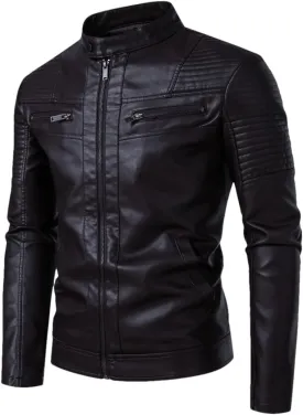 Men's Vintage PU Leather Biker Jacket Stand Motorcycle Coat Zipper Trim Faux Leather Cycling Jacket