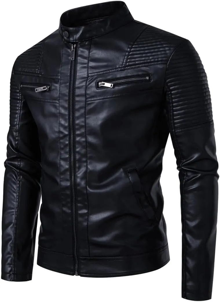 Men's Vintage PU Leather Biker Jacket Stand Motorcycle Coat Zipper Trim Faux Leather Cycling Jacket