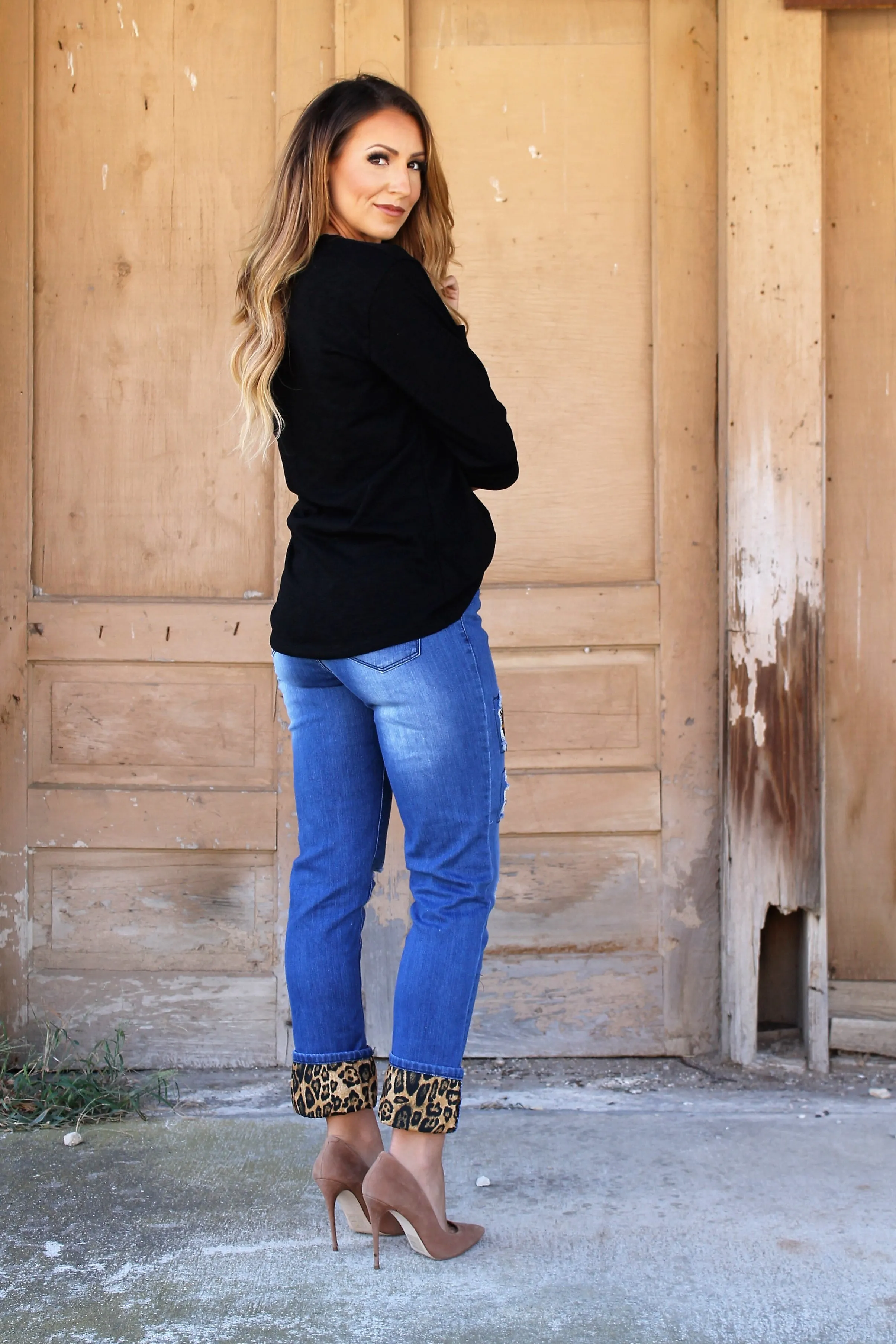 Mid Dark Relaxed Boyfriend Jean With Brown Leopard Detail LB111