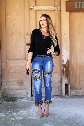 Mid Dark Relaxed Boyfriend Jean With Brown Leopard Detail LB111
