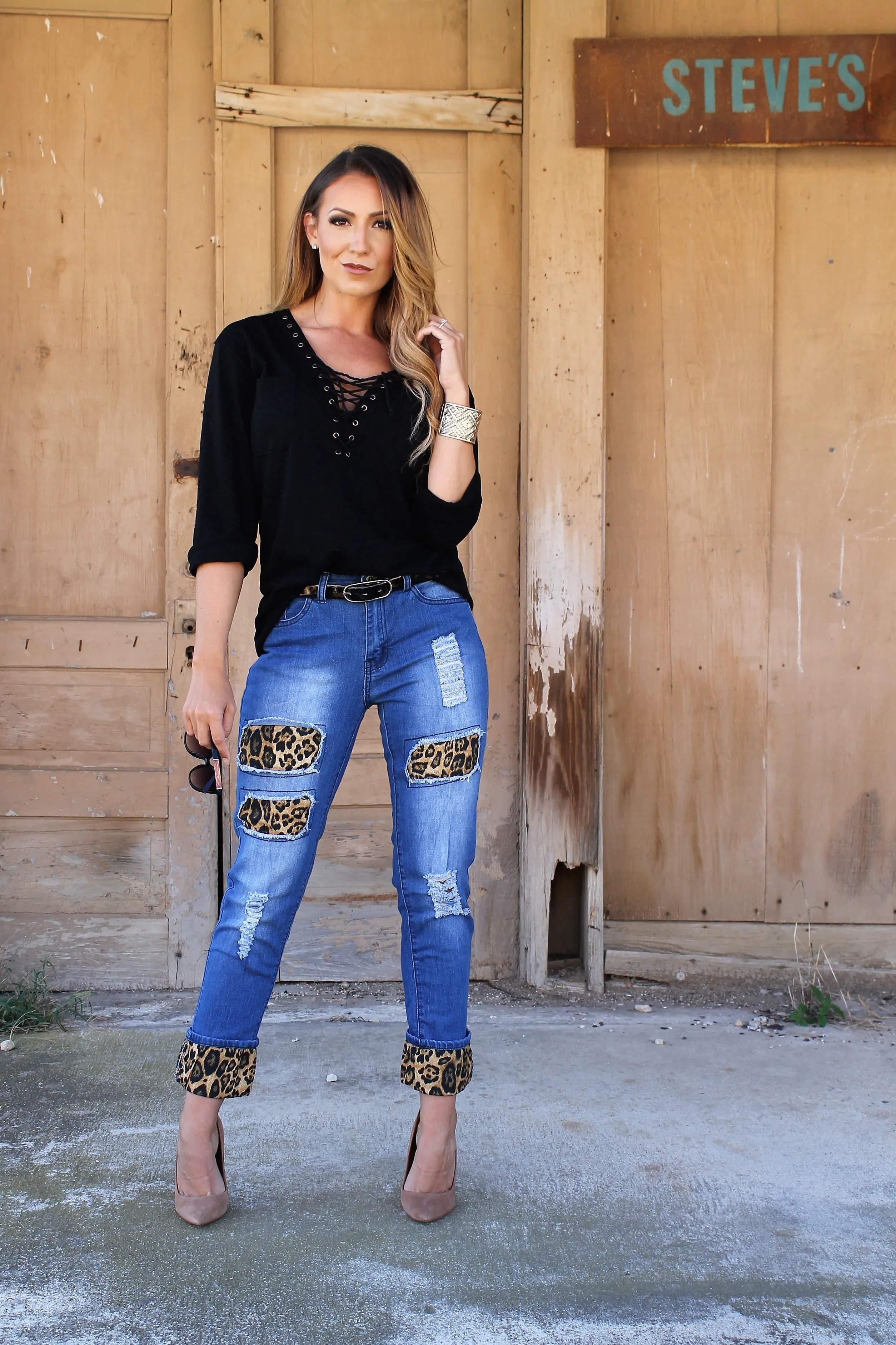 Mid Dark Relaxed Boyfriend Jean With Brown Leopard Detail LB111