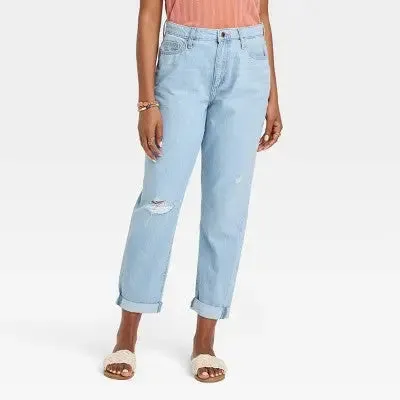 New - Universal Thread Women's Mid-Rise Distressed Boyfriend Jeans Ankle-Length Relaxed Fit, Light Wash