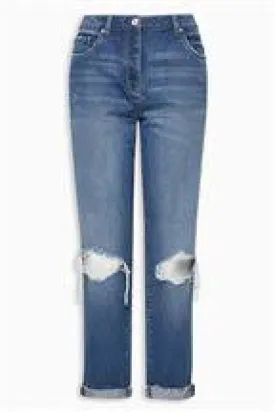 Next Womens Boyfriend Mid Blue Rip Jeans