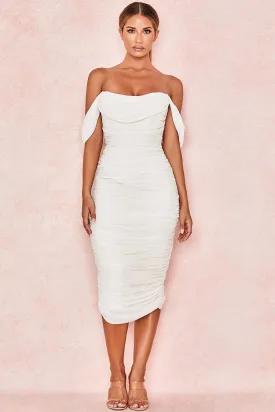 Off Shoulder Ruched Bodycon Cocktail Party Dress - White